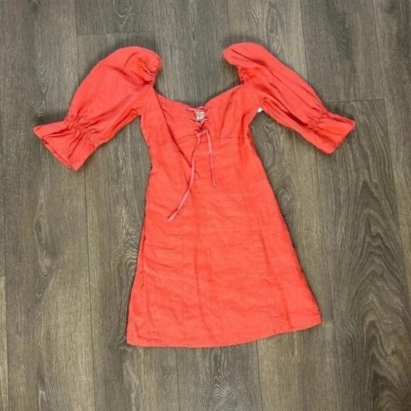 Aritzia Wilfred Stanza Mini Dress Linen Puff Sleeve Coral Pink Corset Size XXS - Picture 9 of 16
